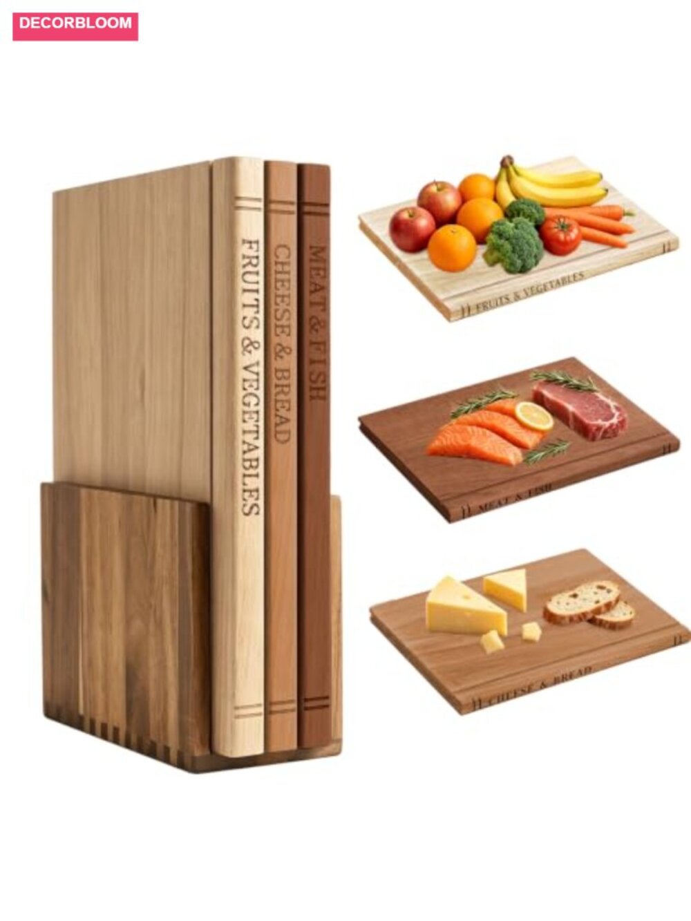 Book Shaped Cutting Board Set with Holder 3-Piece Wooden Charcuterie